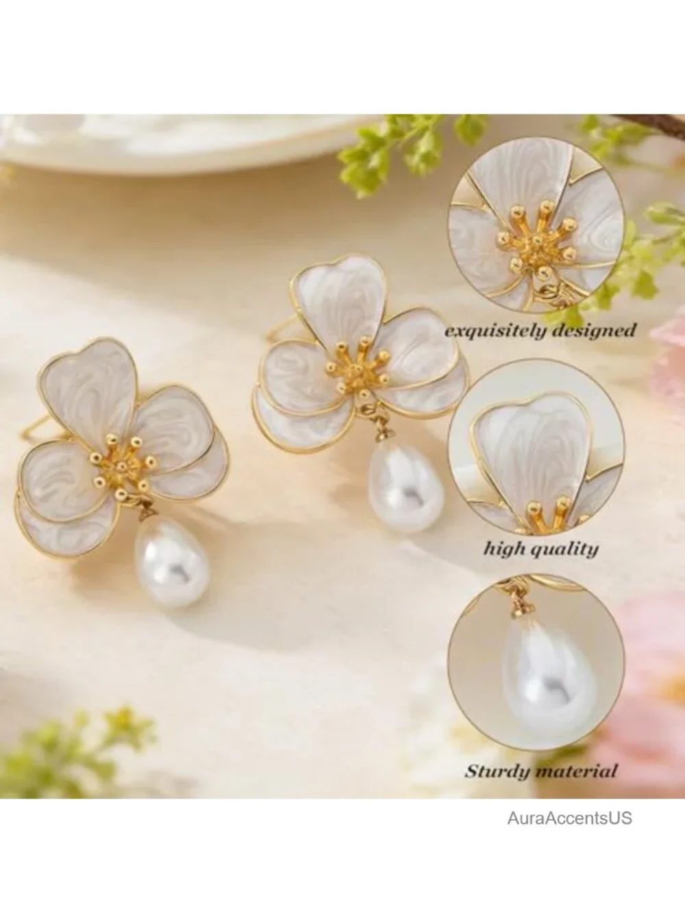 Flower Pearl Drop Earrings for Women Floral Statement Earrings French Wire